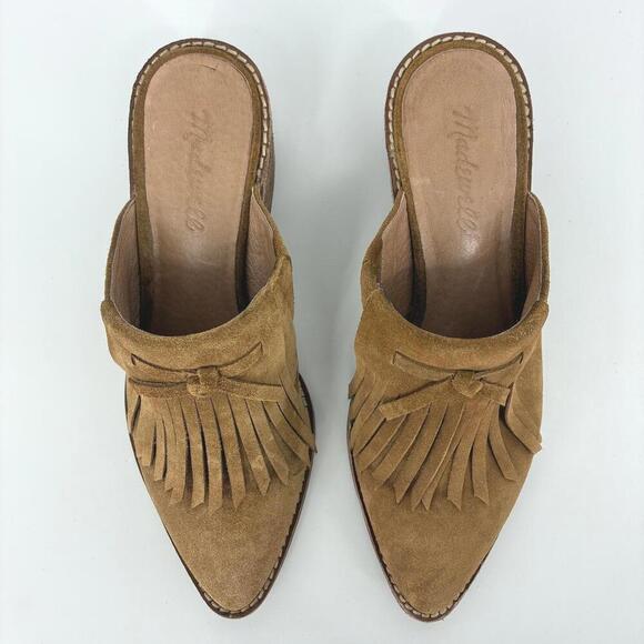 Madewell Shoes - Madewell The Dani Brown Suede Fringe Mules with Block Heel Women's size 7